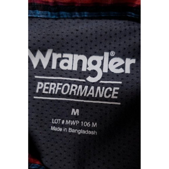 Wrangler Performance Mens Medium Red blue Stripe Long Sleeve Button Logo Shirt - Picture 10 of 11